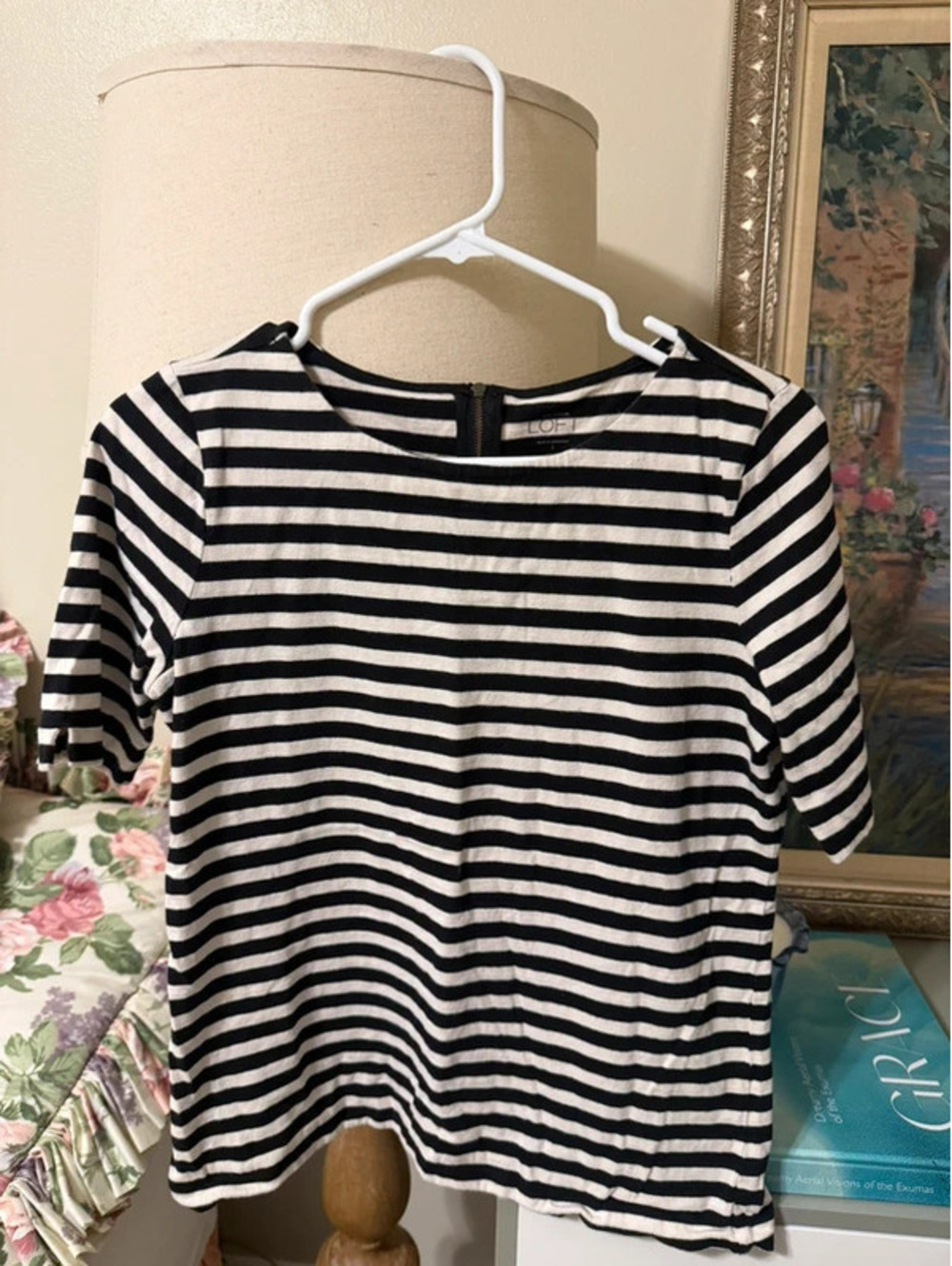 LOFT Black & White Striped 100% Cotton Top Back Zipper Classic Nautical